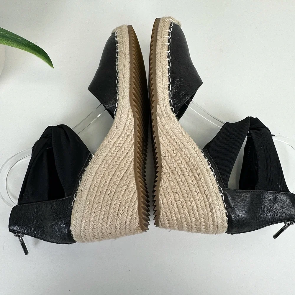 Eileen Fisher Black Wallis Espadrille Wedge Sandals Ankle Wrap Zip Shoe Size 9.5